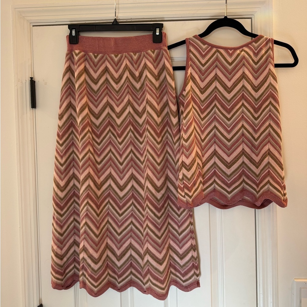 NWT MARIA PAVAN Zig Zag Knit Saia Midi Skirt Tank 2 Piece Set Pink Green Small - Picture 3 of 6
